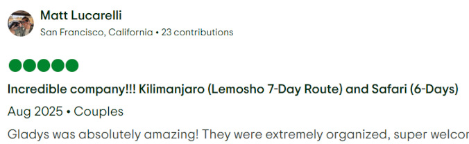 Gladys Adventure Trip Advisor Review